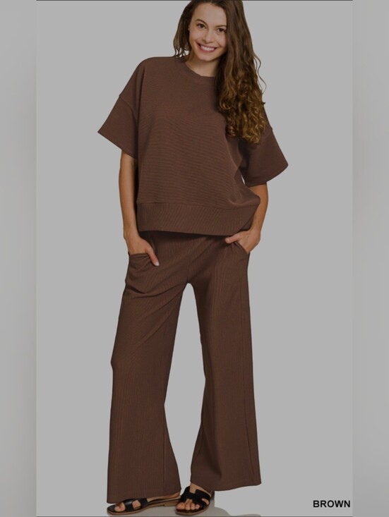 Zenana Outfitters Pants - Zenana Ribbed Set-brown